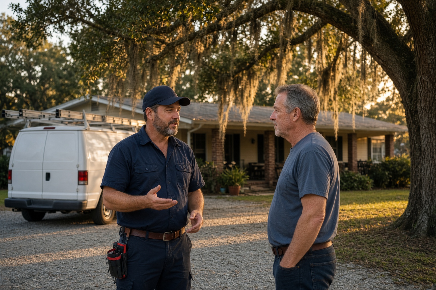 Hometown plumber talking with a homeowner in a North Florida driveway