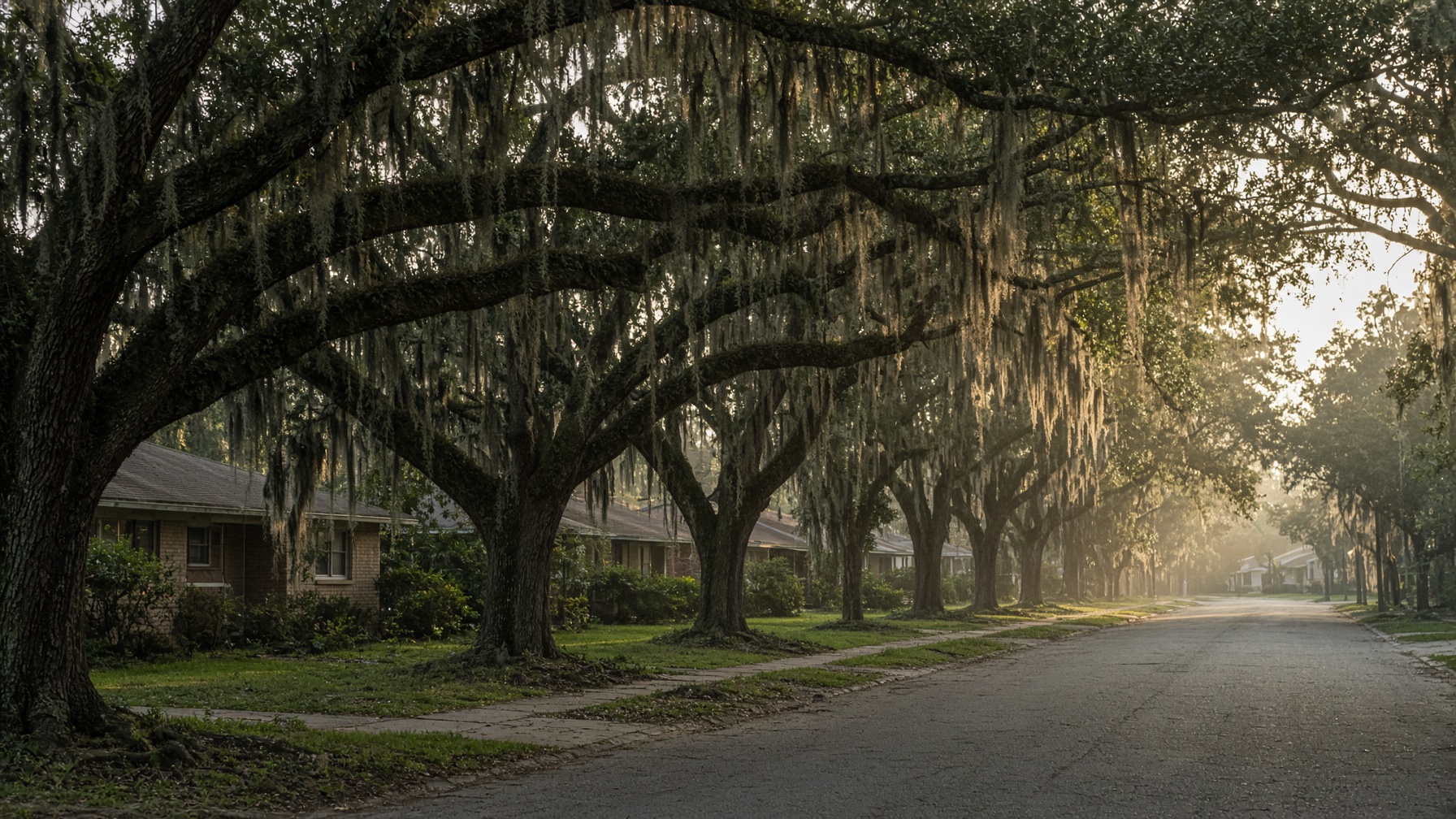 Live oak trees and ranch homes on a North Florida street