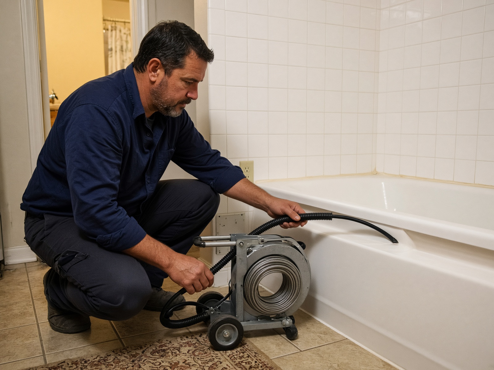 Plumber running a drain cable at a bathroom tub