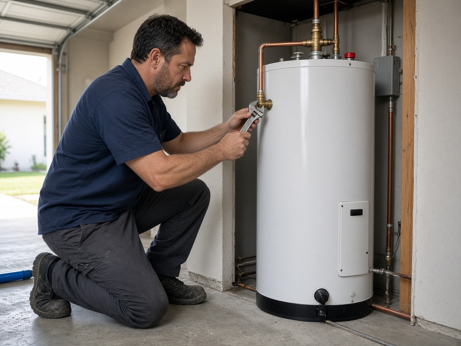 Plumber installing a tank water heater in a garage closet