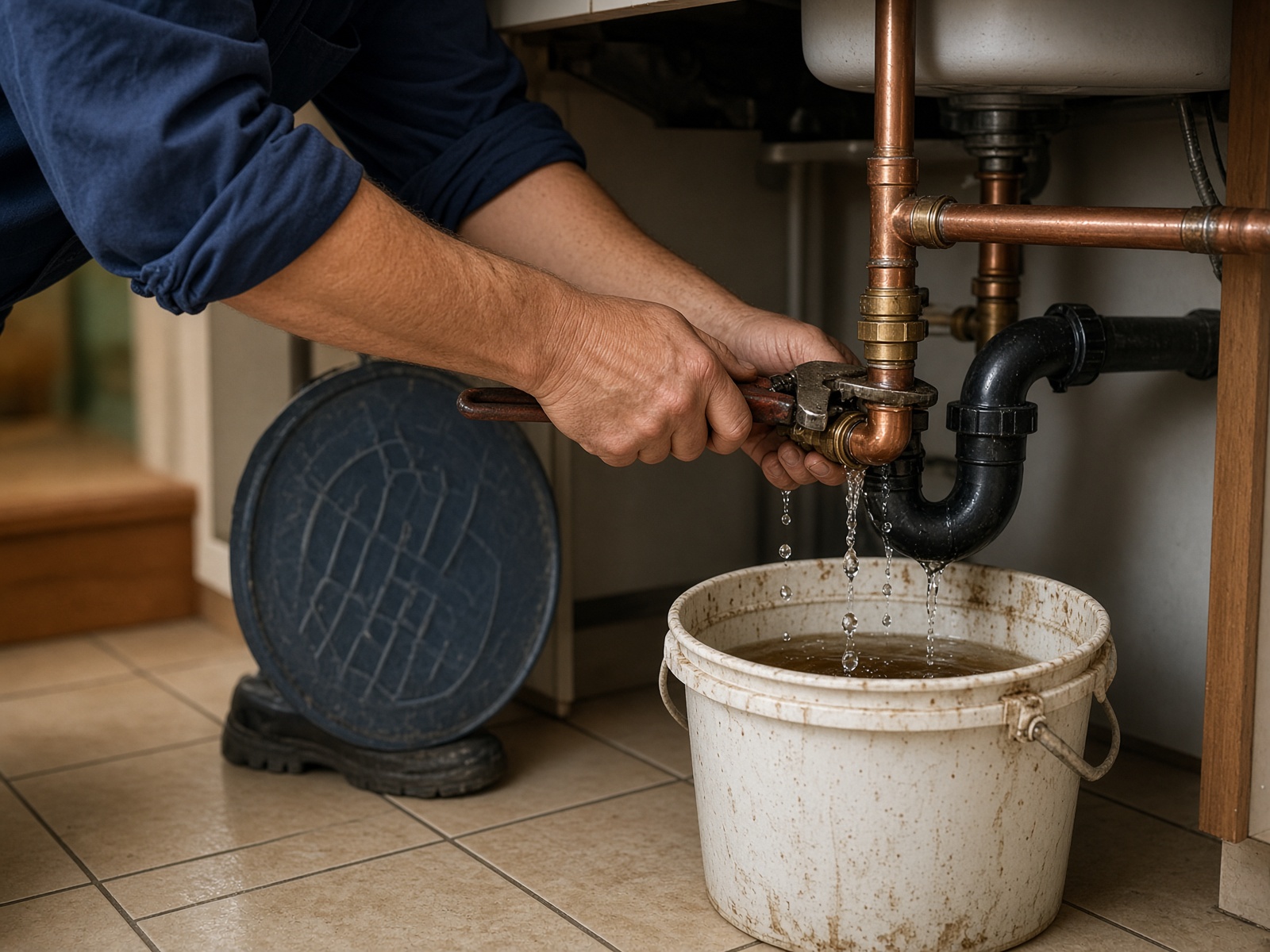 Plumber repairing a leaking pipe under a kitchen sink